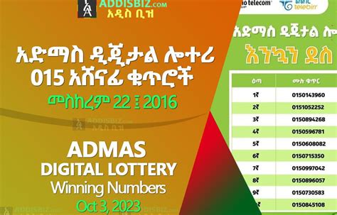 Admas Digital Lottery 015 Meskerem 2016 (Oct 3, 2023) Results .